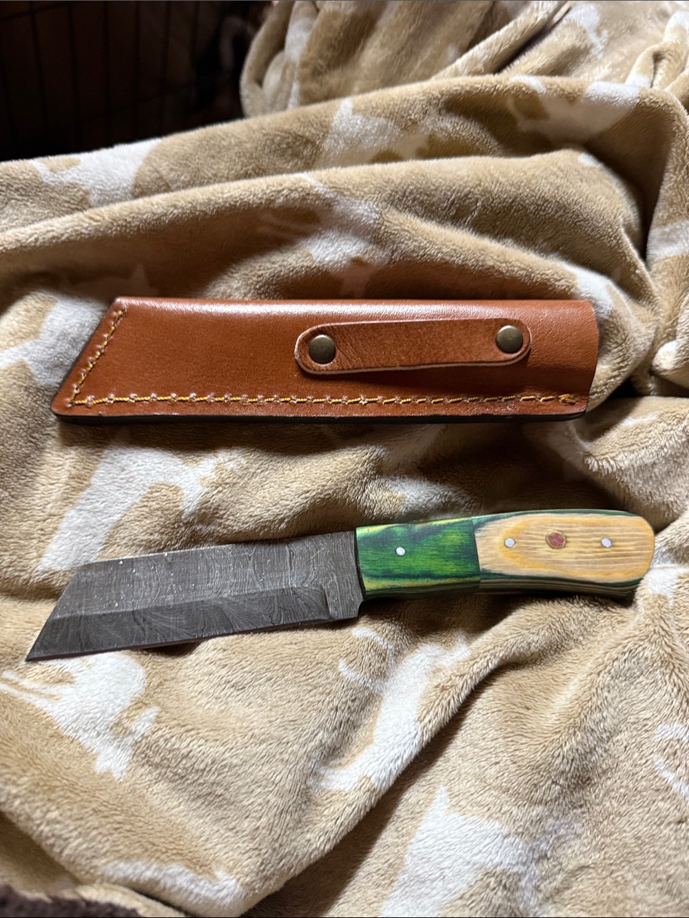 Custom Green & Natural Wood Handle Kitchen Cleaver Knife with Leather Sheath